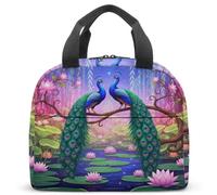 Borsa termica per il pranzo con pavone ornato per la scuola dei bambini, con piume verdi e spirali dorate, riutilizzabile, 23 x 13 x 21 cm (20)