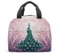 Borsa termica per il pranzo con pavone ornato per la scuola dei bambini, con piume verdi e spirali dorate, riutilizzabile, 23 x 13 x 21 cm (24)