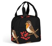 Borsa termica per il pranzo con pettirosso seduto su un ramo di vischio, a prova di perdite, per lavoro, viaggi all'aperto