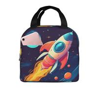 Borsa termica per il pranzo con razzo in stile cartone animato nello spazio, per donne e uomini, riutilizzabile, a prova di perdite, borsa termica per il pranzo per ufficio e picnic