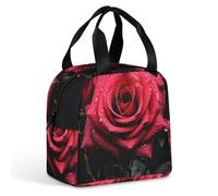 Borsa termica per il pranzo con rosa rossa e foglie nere, per donne e uomini, a prova di perdite, resistente alle macchie, riutilizzabile, borsa per il pranzo, per lavoro, viaggi, attività all'aperto