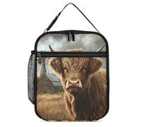 Borsa termica per il pranzo con stampa di mucca e mulino a vento delle Highland con manico staccabile, per viaggi, lavoro, picnic