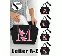 Borsa termica per il pranzo con tasche laterali nera, stampata con lettere dall'A alla Z e motivo floreale di giglio rosa, grande capacità, doppio strato di tasche, borsa bento a tenuta stagna, termic