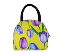 Borsa termica per il pranzo con tulipani blu viola ad acquerello per la scuola con doppio scomparto isolato portatile pasto Tote