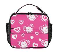 Borsa termica per il pranzo da donna, a prova di perdite, portatile, mantiene il cibo caldo, isolata, per scuola e viaggi, scimmia in stile cartone animato, rosa acceso a forma di cuore