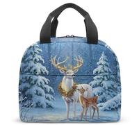 Borsa termica per il pranzo per bambini, motivo: cervo e cerbiatto invernale, per bambini, stampa 360, riutilizzabile, per la scuola (04)