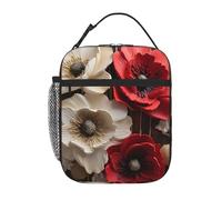 Borsa termica per il pranzo per donne e uomini, borsa termica riutilizzabile, con fiori rossi e bianchi, borsa per il pranzo per il lavoro e picnic