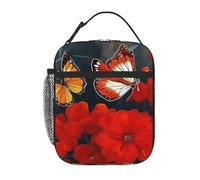 Borsa termica per il pranzo per donne e uomini, borsa termica riutilizzabile, con fiori rossi e farfalle, borsa per il pranzo per lavoro e picnic