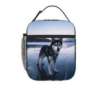 Borsa termica per il pranzo per donne e uomini, borsa termica riutilizzabile, motivo: cane husky su un lago ghiacciato, borsa per il pranzo per il lavoro e picnic