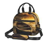 Borsa termica per il pranzo, per donne e uomini, con fiume e tramonto, in legno, riutilizzabile, a prova di perdite, con tracolla regolabile, borsa tote per lavoro, viaggi, attività all'aperto