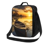 Borsa termica per il pranzo, per donne e uomini, con motivo fiume e tramonto, in legno, riutilizzabile, a prova di perdite, con tracolla regolabile, per lavoro, viaggi, attività all'aperto