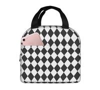 Borsa termica per il pranzo per donne e uomini, con stampa arlecchino, colore bianco e nero, piccola borsa termica da donna, borsa termica per lavoro, viaggi, palestra, con tasca frontale da 20,3 x
