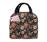 Borsa termica per il pranzo per donne e uomini, con stampa di colibrì e fiori rossi, piccola borsa termica per il pranzo, per lavoro, viaggi, palestra, con tasca frontale da 20,3 x 12,7 cm