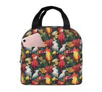 Borsa termica per il pranzo per donne e uomini, con stampa di pappagalli rossi con piante tropicali, piccola borsa termica per il pranzo, per lavoro, viaggi, palestra, con tasca frontale da 20,3 x