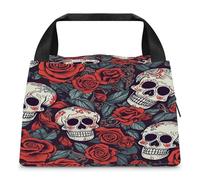 Borsa termica per il pranzo per donne e uomini, con stampa di teschi di zucchero e rose rosse, borsa termica per il pranzo, riutilizzabile