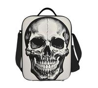 Borsa termica per il pranzo, per donne e uomini, grande, riutilizzabile, a prova di perdite, con tracolla regolabile, motivo teschio nero su sfondo bianco, per lavoro, viaggi, picnic