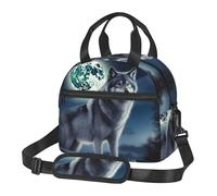Borsa termica per il pranzo per donne e uomini, riutilizzabile, con tracolla regolabile, motivo: lupo sotto la luna, grande borsa termica per il pranzo, a prova di perdite, per ufficio e viaggio