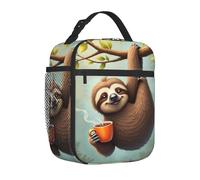 Borsa termica per il pranzo, per donne, per uomini, a forma di bradipo adulto appeso al ramo di un albero con tazza di caffè, riutilizzabile, portatile, per ufficio, viaggi, lavoro, picnic, campeggio,