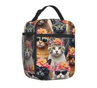 Borsa termica per il pranzo, per donne, per uomini, adulti, con grandi gruppi di gatti, occhiali da sole, corone di fiori, riutilizzabile, portatile, per ufficio, viaggi, lavoro, picnic, campeggio, bo