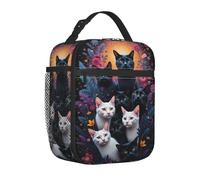 Borsa termica per il pranzo, per donne, per uomini e adulti, con grande gruppo di gatti bianchi e neri con occhi verdi, riutilizzabile, portatile, per ufficio, viaggi, lavoro, picnic, campeggio, borsa