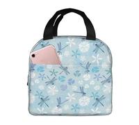 Borsa termica per il pranzo per uomini e donne, da lavoro, con libellula e fiore, colore azzurro, morbida borsa termica per viaggi, impermeabile, piccola scatola per il pranzo per adulti per uomini e