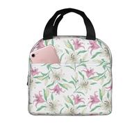 Borsa termica per il pranzo per uomini e donne, da lavoro, rosa e bianco, con fiori di giglio, morbida, per adulti, unisex, alla moda, isolata per viaggi, borsa per il pranzo per donne e uomini