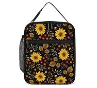 Borsa Termica per Il Pranzo Portatile Riutilizzabile con Girasole Autunnale con Tasca Laterale, Sfondo Nero Fiori di Girasole Sleepy Thanksgiving Piccola Borsa Termica per Pasti Termici Borsa Termic