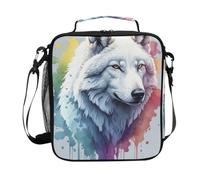 Borsa termica portatile per il pranzo con lupo bianco ad acquerello borsa termica portatile per bambini borsa termica riutilizzabile tote bag tracolla regolabile per viaggi, lavoro, scuola, campeggio