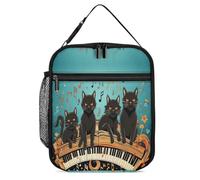 Borsa termica portatile per il pranzo, con quattro gatti neri sdraiati sulla tastiera del pianoforte, con tasca laterale in rete, impermeabile, a prova di perdite, morbida, durevole, per uomini e