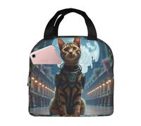 Borsa termica riutilizzabile per il pranzo da donna, per uomo, con gatto adulto, abito futuristico, seduto in una stanza, luna piena, portatile per ufficio, viaggio, lavoro, picnic, campeggio, borsa t