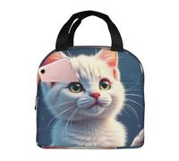 Borsa termica riutilizzabile per il pranzo da donna, per uomo, motivo: gatto bianco per adulti, occhi verdi nello spazio, bolle, portatile, per ufficio, viaggi, lavoro, picnic, campeggio, borsa termic