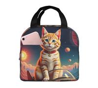 Borsa termica riutilizzabile per il pranzo, per donne, per uomini, con gatto adulto in cima a un'astronave nello spazio, portatile per ufficio, viaggi, lavoro, picnic, campeggio, borsa termica a tenut