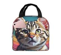 Borsa termica riutilizzabile per il pranzo, per donne, per uomini, con gatto soriano adulto dagli occhi verdi seduto davanti a un colorato, portatile, per ufficio, viaggi, lavoro, picnic, campeggio, b