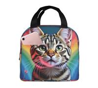 Borsa termica riutilizzabile per il pranzo, per donne, per uomini, con gatto soriano adulto dagli occhi verdi seduto davanti a un colorato, portatile, per ufficio, viaggi, lavoro, picnic, campeggio, b