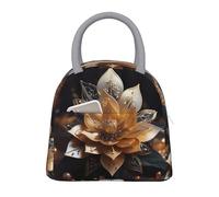 Borsa termica termica per il pranzo, per donne e uomini, grigio chiaro e bianco delicato con stampa di fiori di loto, riutilizzabile, con tasca frontale, per lavoro e picnic