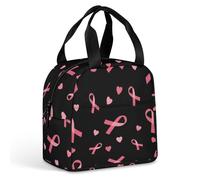 Borsa termica unisex con cuore e nastro rosa per picnic all'aperto, ideale per il mese della lotta contro il cancro al seno. Contenitore per alimenti casual e alla moda con manici robusti per l'uso qu