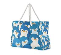 Borsa tote a prova di sabbia con pinguino blu carino cartone animato per borse da viaggio per le donne con cerniera grandi borse tote per le donne per il lavoro con portabicchieri sul lato