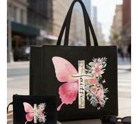 Borsa tote a tema cristiano e piccola pochette con croce, farfalla rosa e motivo floreale colorato con lettere, regalo ideale per i propri cari e gli insegnanti. Borsa tote in lino da donna con grande
