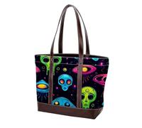 Borsa tote Alien-133 in pelle resistente con motivo cartone animato verde Alien-133, borse e borse da donna con manico superiore, multicolore 03, 33,8 x 12 x 31 cm