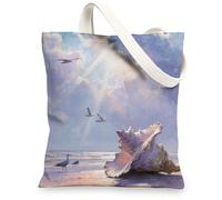Borsa tote artistica in tela, design vintage con conchiglie, borsa per la spesa riutilizzabile, leggera e lavabile, borsa da spiaggia per viaggi e picnic, Blu, 13x15 Inch