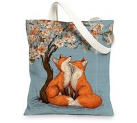 Borsa tote artistica in tela, motivo volpe e floreale, borse per la spesa riutilizzabili, leggere e lavabili, per palestra, viaggi, spiaggia, picnic, 33 x 38 cm