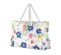 Borsa tote blu floreale a prova di sabbia grande con tasche laterali Weekender Travel Bag con portabicchieri sul lato