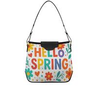 Borsa tote con fiori colorati Hello Spring con tasche, borsa da spiaggia estiva resistente, borsa a tracolla in pelle PU per appuntamenti notturni e viaggi, taglia media