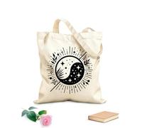 Borsa tote con manico piatto in nastro disegno intricato yin yang celeste armonia cosmica con cielo stellato ed elementi botanici Tessuto spesso 12 once Sostituisce lo zaino scolastico 31x36cm Media