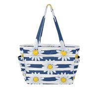 Borsa tote con tasche, margherite gialle blu navy a righe tote bag per le donne