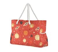 Borsa tote da donna a prova di sabbia con pianeta stellato rosso-nero con tasche laterali Borsa grande con portabicchieri sul lato