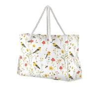 Borsa tote da donna con cerniera a prova di sabbia bianca con uccelli cardellini americani, perfetta per viaggi, piscina, nuoto, spiaggia, vacanze