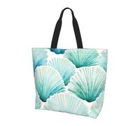 Borsa tote da donna con conchiglie color foglia di tè acquerello, borse per la spesa oceanica, borsa grande resistente all'acqua con tasca interna per lavoro, viaggi, scuola