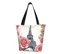 Borsa tote da donna, con stampa di fiori di rosa Torre Eiffel, borsa a tracolla da donna, grande capacità, borsa per la spesa, borsa alla moda per ufficio, shopping, viaggi