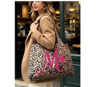 Borsa tote da donna con stampa leopardata, lettere artistiche A-Z rosso rosa, borsa a spalla morbida di grande capacità, spazio shopping ampio, facile da piegare, manici robusti, accessorio di moda, a